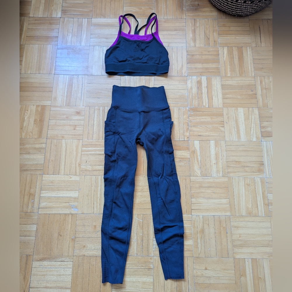 Fabletics SculptKnit Navy and Purple Leggings and Bra